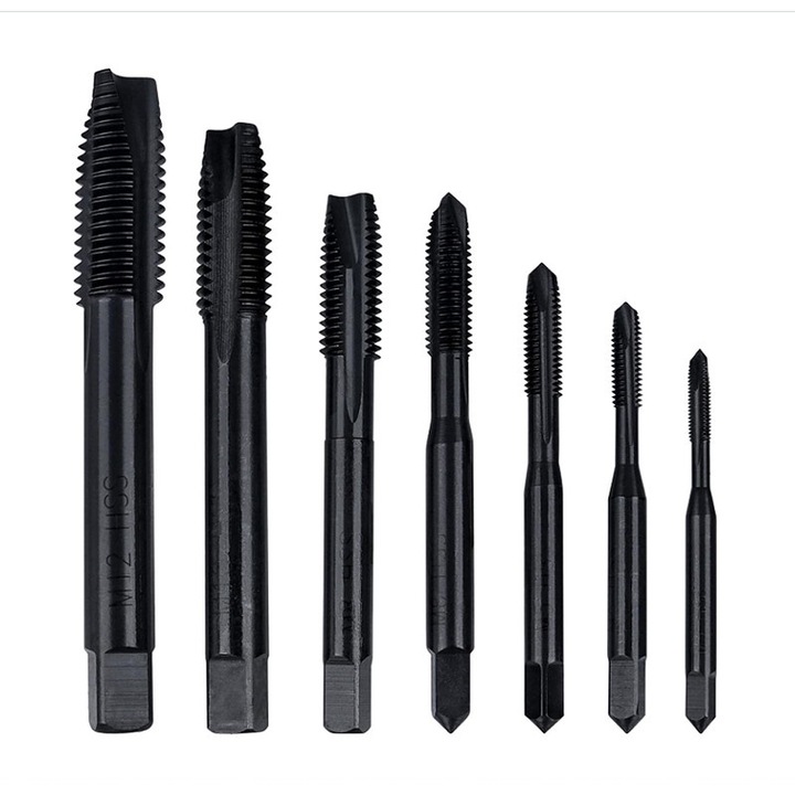 Set 7 piese masini de gaurit si insurubat Yakumuz, spirale metrice M3-M12, acoperire azotata, pentru aluminiu si otel inoxidabil