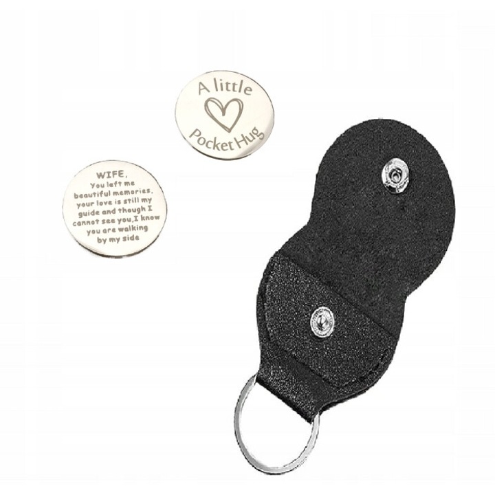 Set breloc cu eticheta pentru sotie COBEE, piele PU neagra, jeton otel inoxidabil argintiu