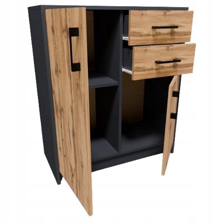 Comoda, MATKAM, Julia, K020G/W, 74x35x85 cm, 2 Usi, 2 Sertare, Mat, PAL, Stejar wotan/Gri inchis