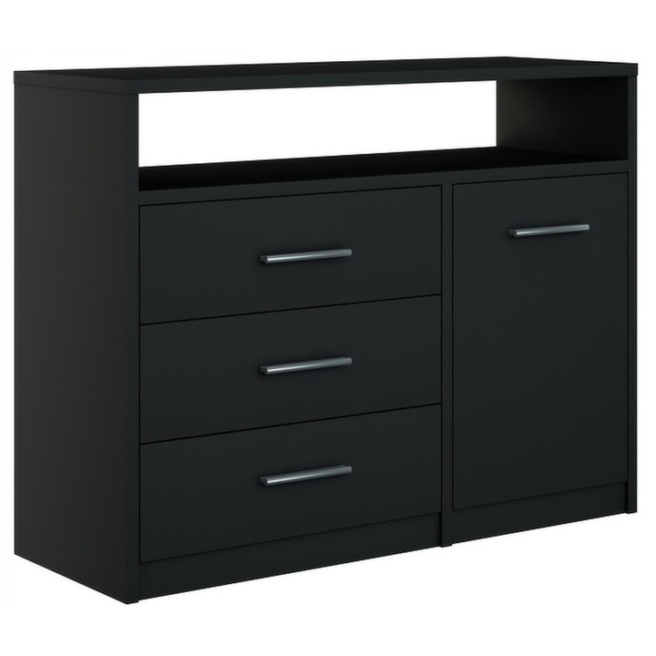 Komód, MATKAM, Bodo, 1D3SOCZARNA, 98x35x75 cm, 1 ajtós, 3 fiókos, mat, PAL, fekete