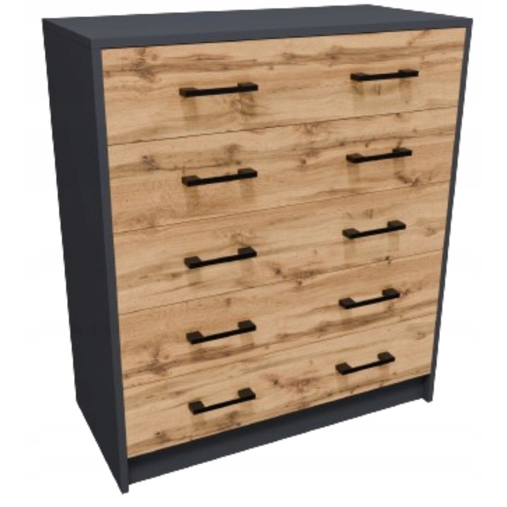 Comoda, MATKAM, Julia, K5SGRAFIT-WOTAN, 74x35x85 cm, 5 Sertare, Mat, PAL, Stejar wotan/Gri inchis