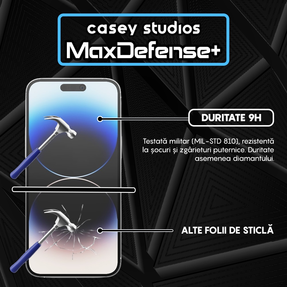 Folie Sticla Mata CASEY STUDIOS™ compatibila cu iPhone 14 Pro Max, MaxDefense+ Matte, Full Cover 3D, Full Glue, Sticla Securizata, Duritate Militara, Ultra HD, Protectie Profesionala Ecran 3D, Anti Zgarieturi, Anti Socuri, Negru