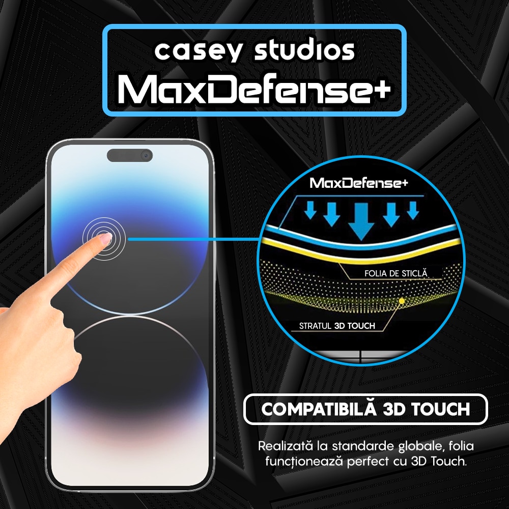 Folie Sticla Mata CASEY STUDIOS™ compatibila cu iPhone 14 Pro Max, MaxDefense+ Matte, Full Cover 3D, Full Glue, Sticla Securizata, Duritate Militara, Ultra HD, Protectie Profesionala Ecran 3D, Anti Zgarieturi, Anti Socuri, Negru