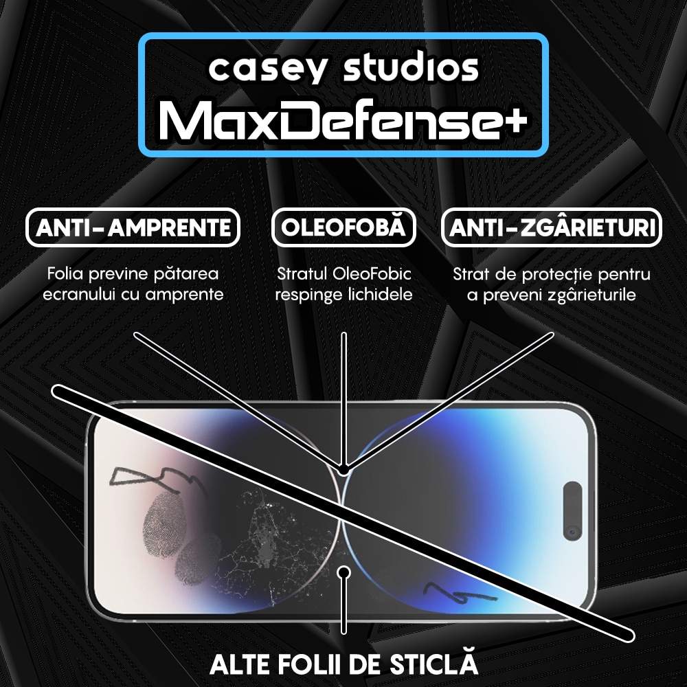 Folie Sticla Mata CASEY STUDIOS™ compatibila cu iPhone 14 Pro Max, MaxDefense+ Matte, Full Cover 3D, Full Glue, Sticla Securizata, Duritate Militara, Ultra HD, Protectie Profesionala Ecran 3D, Anti Zgarieturi, Anti Socuri, Negru
