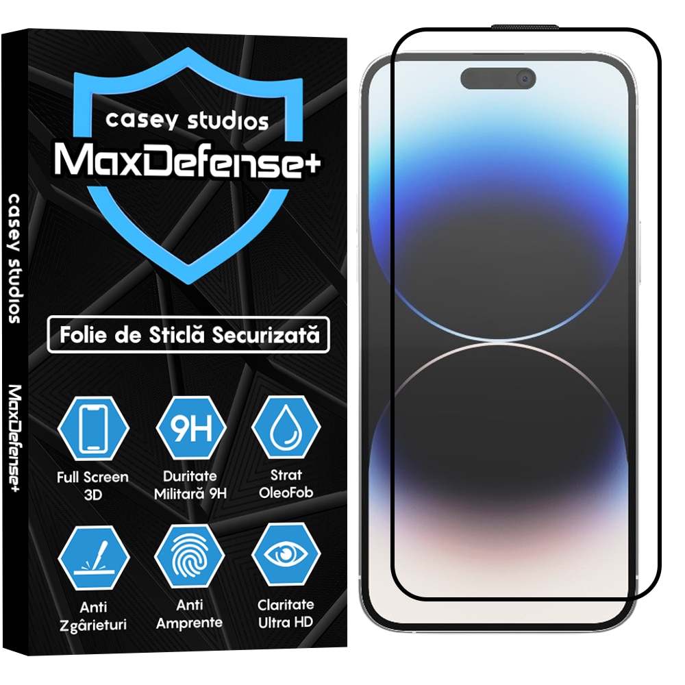 Folie Sticla Securizata CASEY STUDIOS™ compatibila cu iPhone 14 Pro Max, Full Cover 3D, Full Glue, Protectie Profesionala Ecran 3D, Anti Zgarieturi, Anti Socuri, Margini Negre