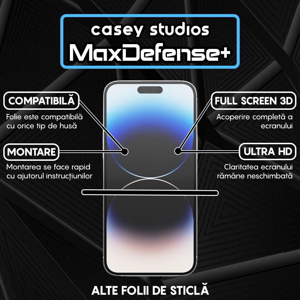 Folie Sticla Privacy CASEY STUDIOS™ compatibila cu iPhone 14 Pro Max, MaxDefense+ Privacy, Full Cover 3D, Full Glue, Sticla Securizata, Duritate Militara, Ultra HD, Protectie Profesionala Ecran 3D, Anti Zgarieturi, Anti Socuri, Negru