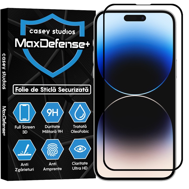 CASEY STUDIOS™ Secure Glass Fólia kompatibilis iPhone 14 Pro Max készülékkel, Full Glue, Professzionális 3D képernyővédelem, Karcolásgátló, Ütésgátló, Fekete élek