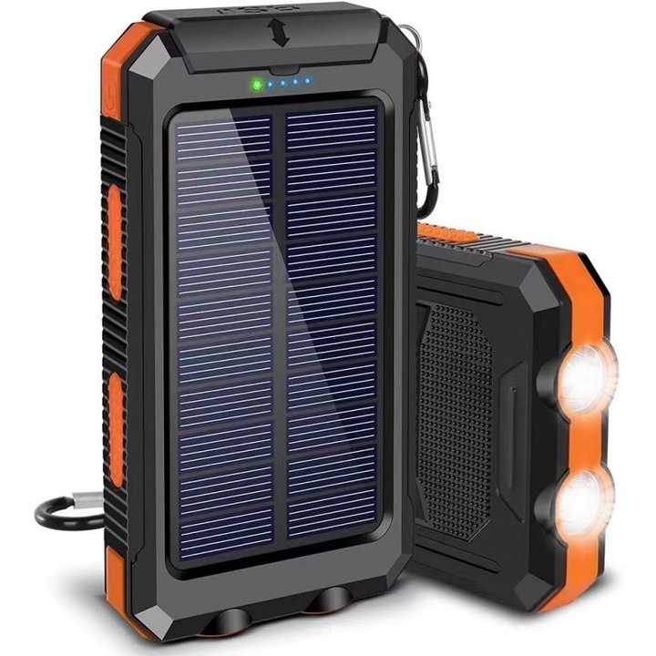 Incarcator solar universal cu busola, portocaliu, 14x7.7x2.2cm, set cu LED si carabinier