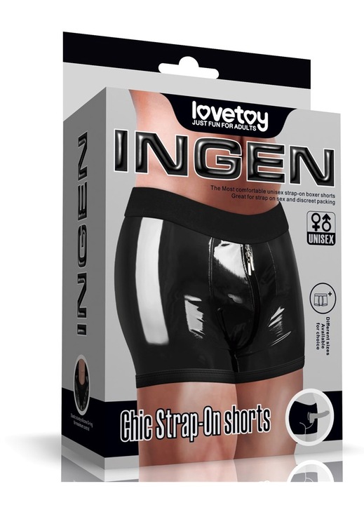 Sort Strap-On Lovetoy, cu dublu fermoar, buzunar ascuns pentru vibratii, negru, 32-35 inch