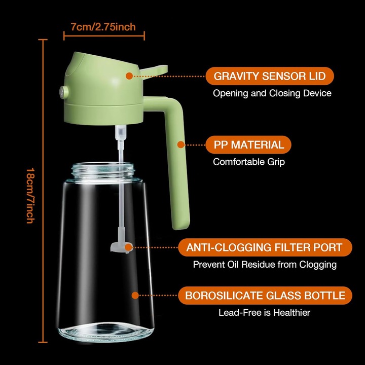 Dispenser ulei 2 in 1, sticla, 470ml, pulverizare si picurare, verde