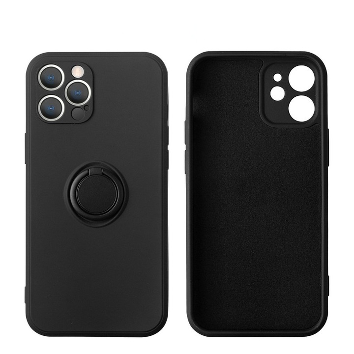 Калъф за iPhone 15 Plus, течен силикон, държач за пръстен, черен