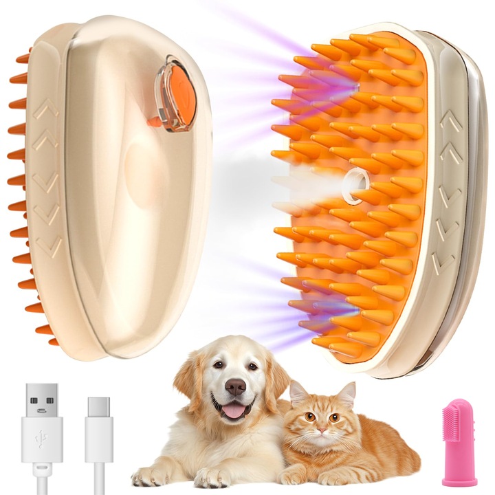 Perie cu abur pentru animale 3 in 1, indepartare par, masaj si lumina LED, reincarcabila USB, potrivita pentru pisici si caini, YakiHoki®