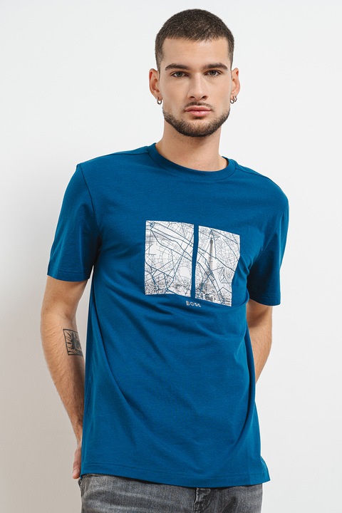 BOSS, Тениска с лиосел с принт, Тъмносин/Бял, 2XL