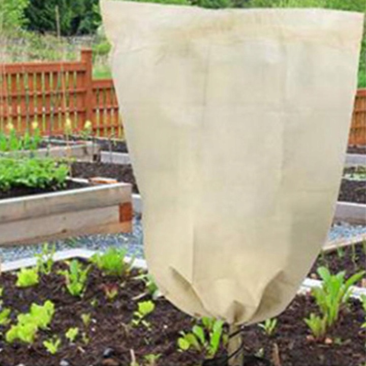 Husa protectie plante 60x80cm, rezistenta la inghet, bej, cu fermoar si snur, reutilizabila, material netesut respirabil, pentru flori, rasaduri si arbusti mici