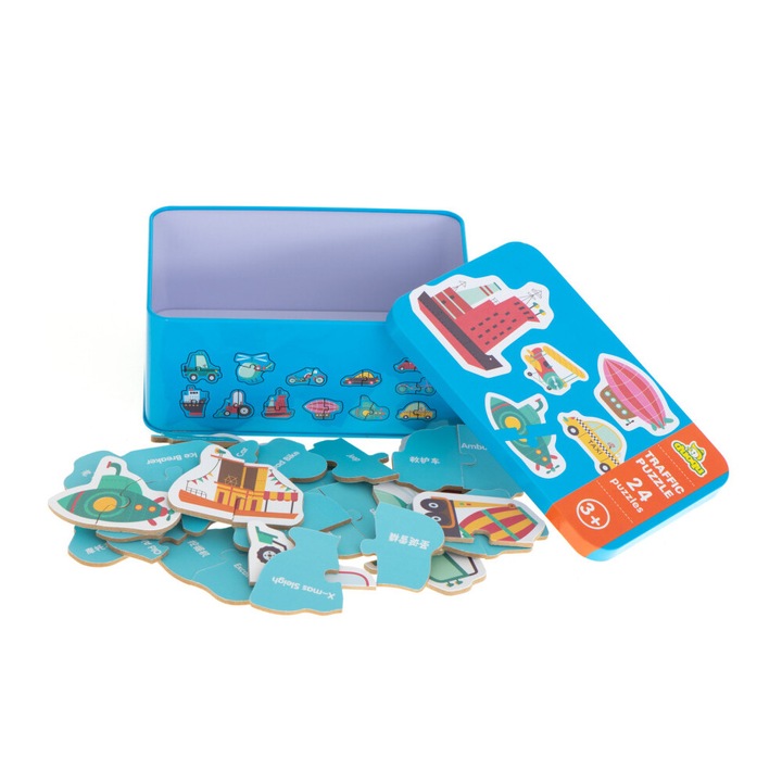 Пъзел 24 части, превозни средства, с метална кутия за съхранение, многоцветен