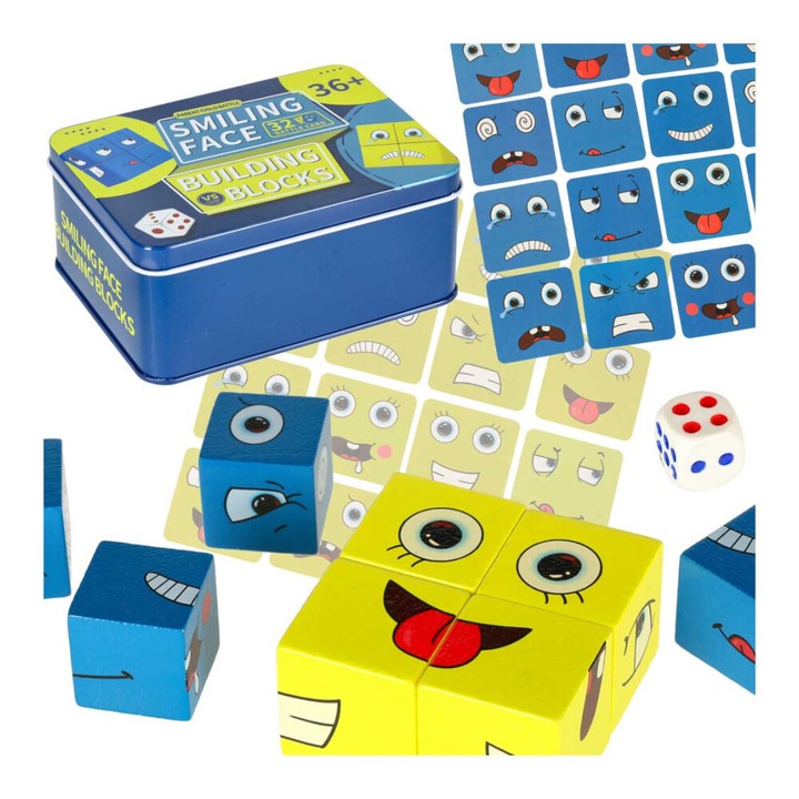 Interaktív kirakós játék, arckifejezésekkel fémdobozban