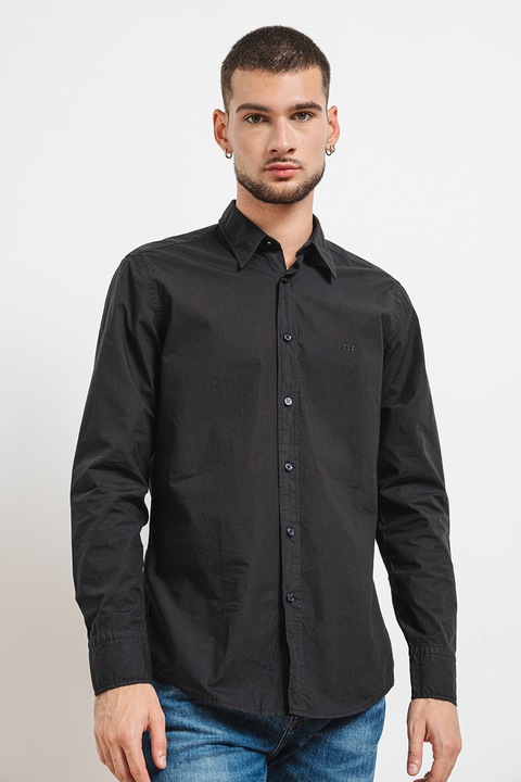 BOSS, Camasa regular fit de bumbac cu logo brodat, Negru
