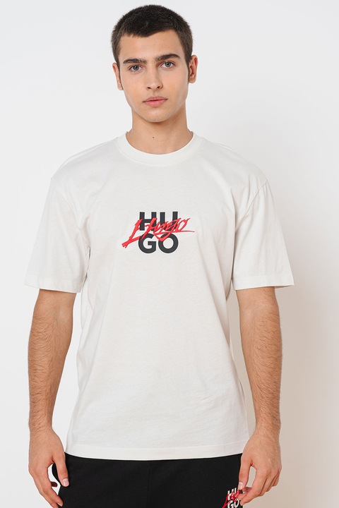 HUGO, Dlongny pamutpóló logómintával, Piros/Koptatott fekete/Törtfehér