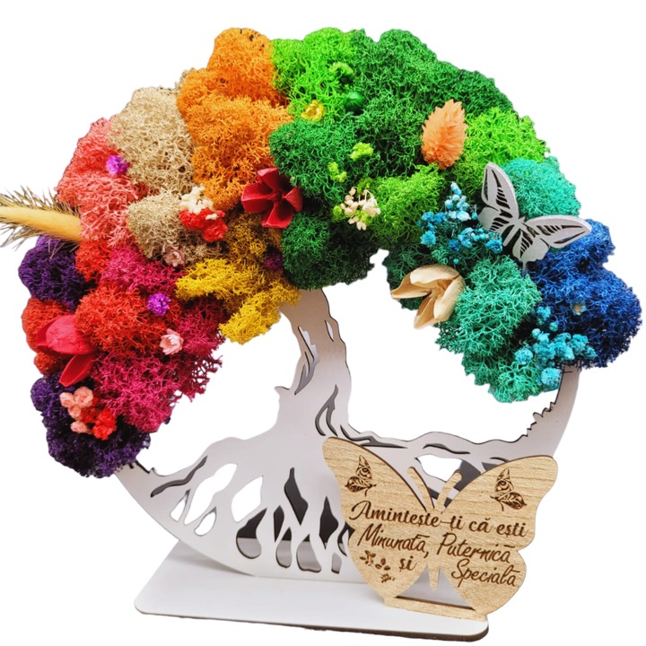 Decoratiune Copacul Vietii cu licheni naturali stabilizati, personalizata cu mesaj pentru prietena, colega, iubita, sotie, fiica, mama, Model 2, 20 cm, Rica DreamArt