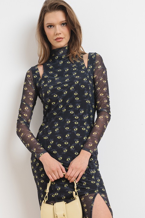 HUGO, Rochie bodycon cu imprimeu si decupaje Noslin, Gri carbune/Verde lime