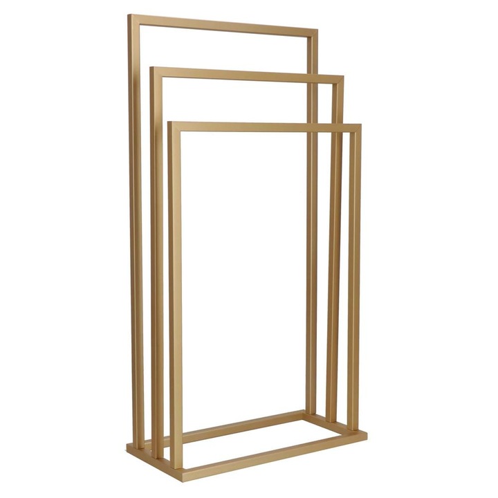 Suport metalic de baie pentru prosoape, cu 3 standuri, 86 cm, auriu mat