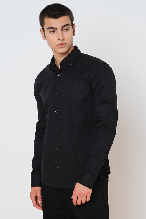 HUGO, Camasa relaxed fit cu model uni, Negru