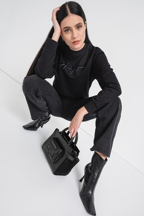 HUGO, Bluza de trening cu decolteu la baza gatului si logo catifelat Easy, Negru/Argintiu