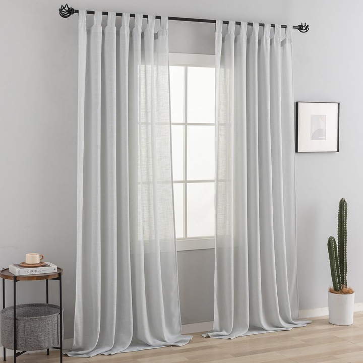 Set de 2 perdele, textura de in, cu prindere tip bucla, semi-opace, 140 x 245 cm, Gri deschis