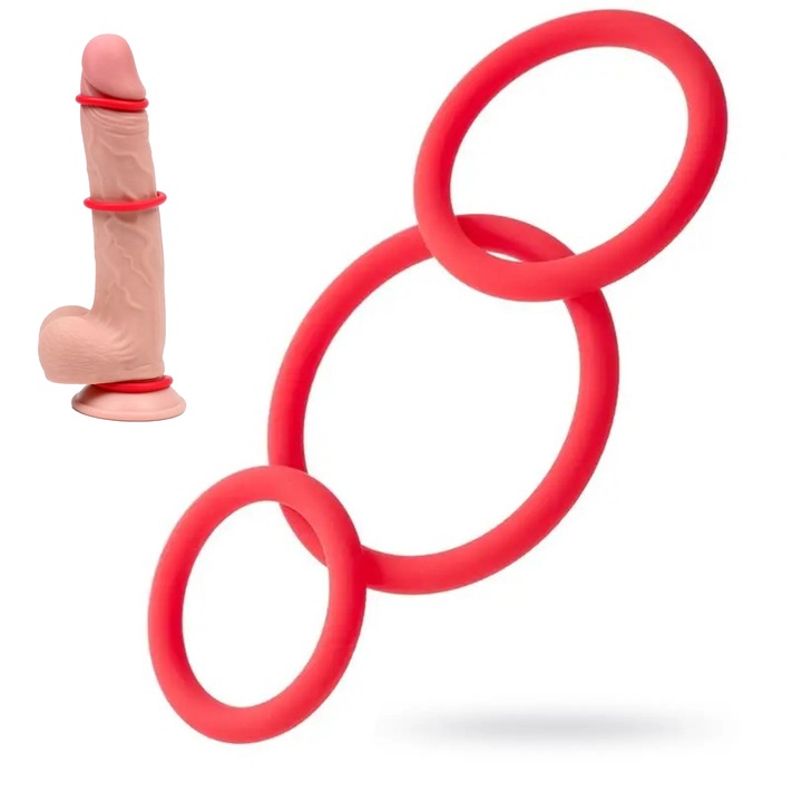 3 db LovePlay péniszgyűrű készlet az erekció fenntartásához és az ejakuláció késleltetéséhez, szilikonból, piros, 5 cm, 4 cm, 3 cm