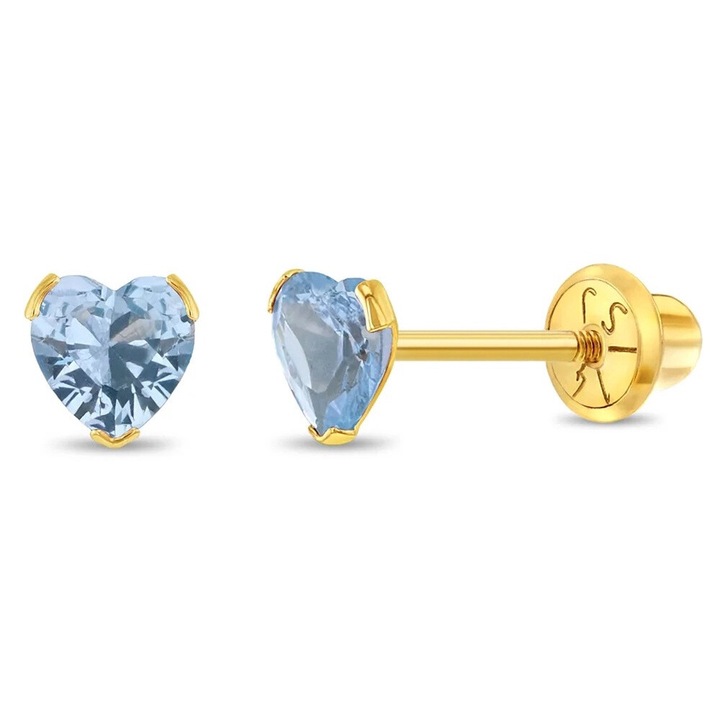 14K arany gyerekfülbevaló, Birthstone modell, decemberi születésnap, szív alakú türkiz CZ kővel, cérna és védőzár