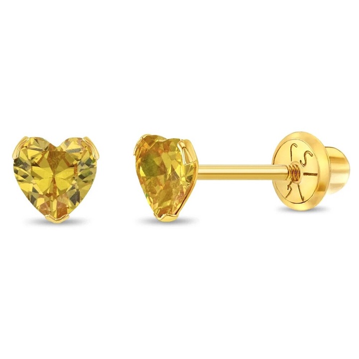 Cercei Copii din Aur 14K, model Birthstone, zi nastere noiembrie, forma Inima cu Piatra CZ Yellow, inchidere cu Filet si Protectie