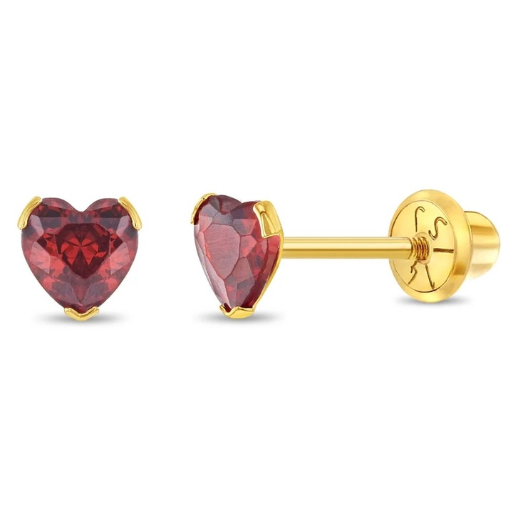 Cercei Copii din Aur 14K, model Birthstone (zi nastere ianuarie), forma Inima cu Piatra CZ Red, inchidere cu Filet si Protectie