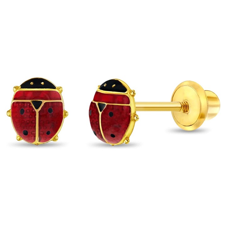 14K arany gyermekfülbevaló, katicabogár modell, menetes és védőzáras