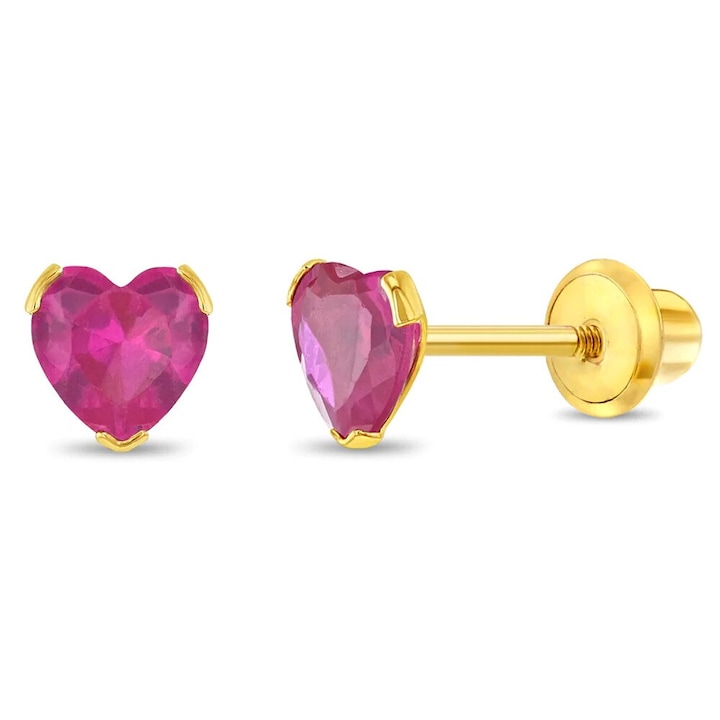 14K arany gyerekfülbevaló, Birthstone modell, júliusi születésnap, szív alakú világospiros CZ kővel, cérnával és védőzárással