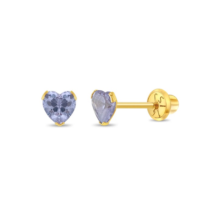 14K arany gyerekfülbevaló, Birthstone modell (júniusi születésnap), szív alakú Periwinkle CZ Stone-val, cérna és védőzár