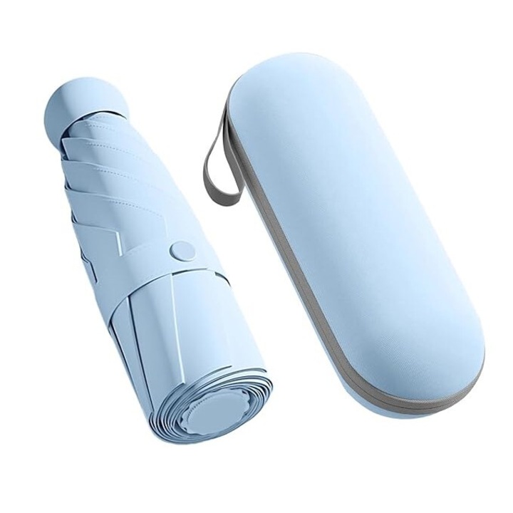 Мини чадър със сгъваем и преносим кобур, защита от дъжд и ултравиолетови лъчи, 6 спици, сгънат размер 19 х 6 см, разпънат 96 х 58 см, 250 г, син цвят