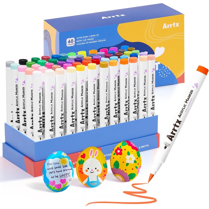 60 db Arrtx akrilfesték marker készlet, vízbázisú, ebből 6 neon szín és 4 metál szín, üveghez, kerámiához, kövekhez, fához, műanyaghoz, papírhoz, vászonhoz, tárolódobozhoz, többszínű, nem mérgező