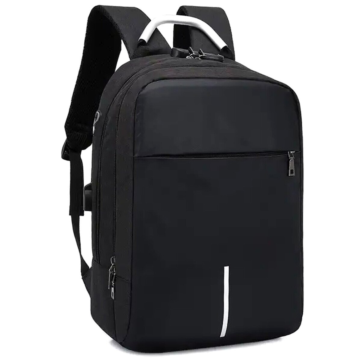 Rucsac pentru laptop cu sistem antifurt tip cifru, poliester, Orificiu pentru conectare casti inclus, Port USB, Impermeabil, Dimensiuni 42 x 28 x 15 cm, Negru