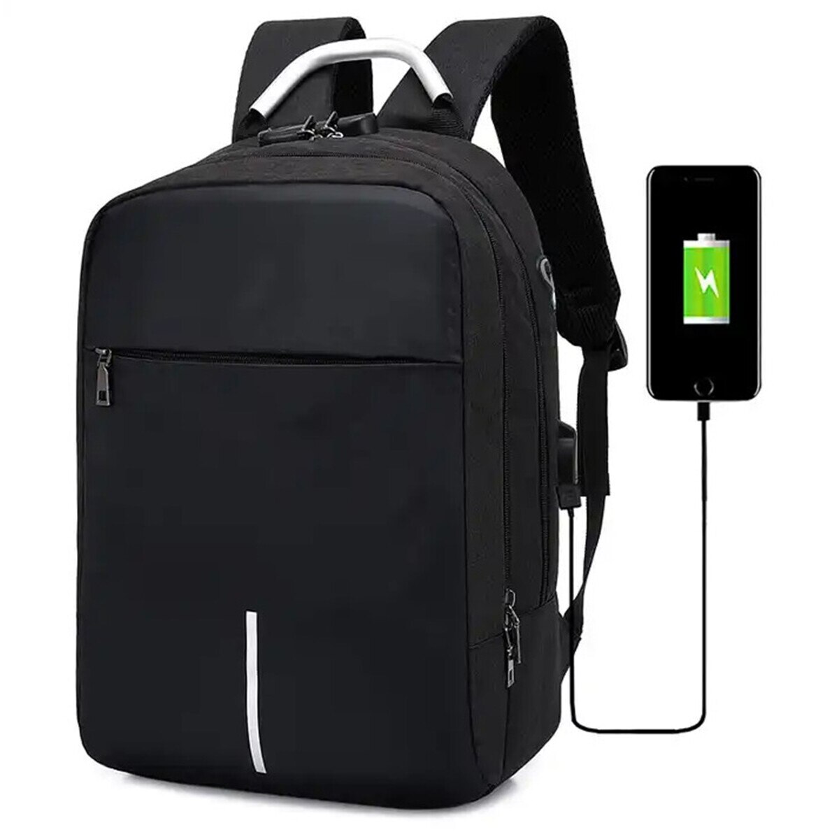 Rucsac pentru laptop cu sistem antifurt tip cifru, poliester, Orificiu pentru conectare casti inclus, Port USB, Impermeabil, Dimensiuni 42 x 28 x 15 cm, Negru