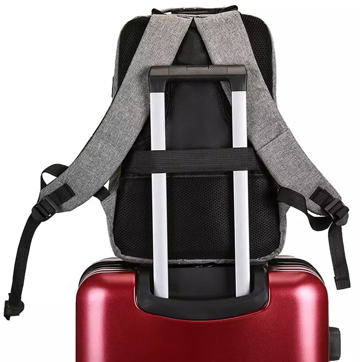 Rucsac pentru laptop cu sistem antifurt tip cifru, poliester, Orificiu pentru conectare casti inclus, Port USB, Impermeabil, Dimensiuni 42 x 28 x 15 cm, Negru