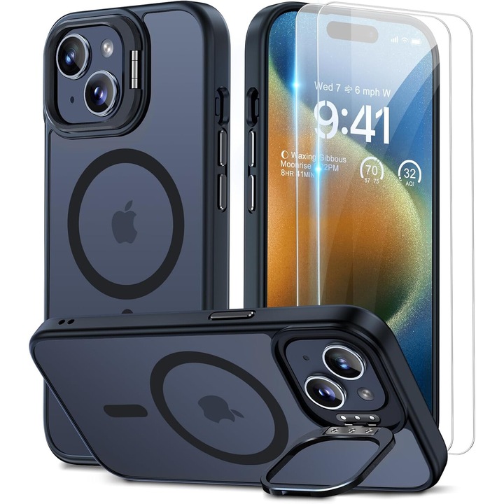 Калъф тип кобур за телефон съвместим с Apple 15, магнитна опора, защита на стъклата, черен