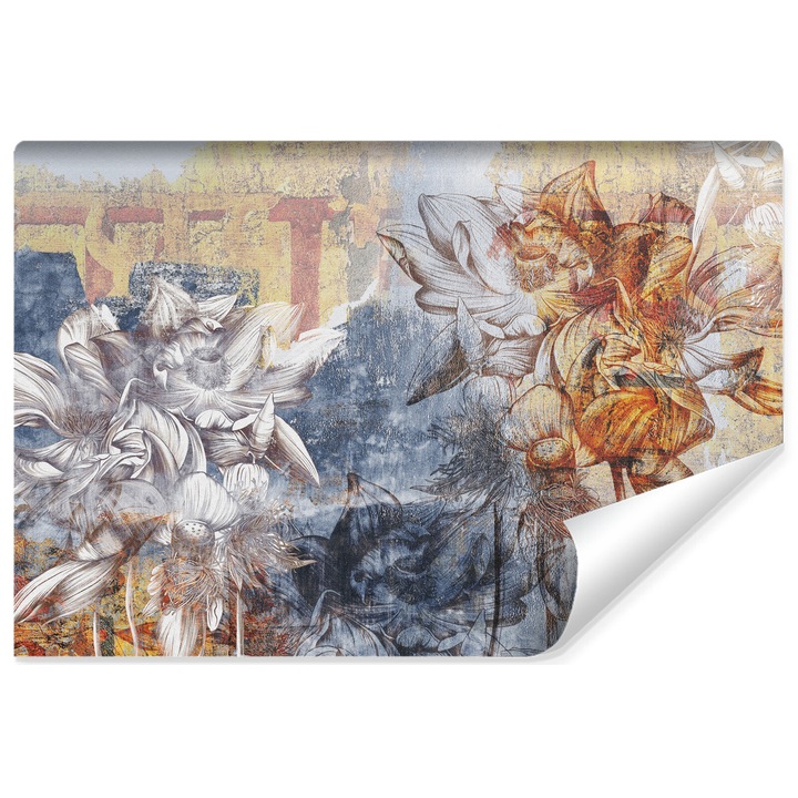 Тапет Muralo Абстрактен декор за всекидневна Бетонна стена с цветя 400 см x 280 см 3D шарка божур