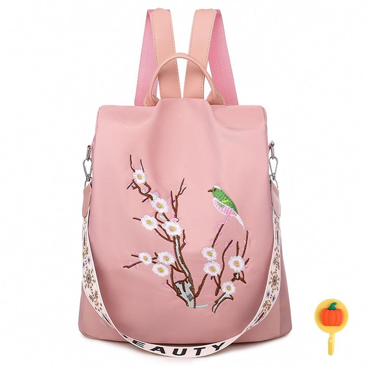Rucsac dama Ronyes, brodat, stil retro, antifurt, roz, 30x31x11cm