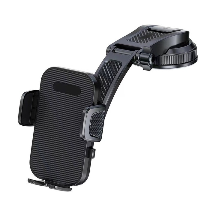 Autós telefon tartó, állítható, műszerfalra szerelhető, univerzális, fekete