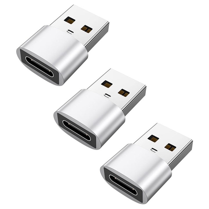 Комплект от 3 адаптера, Type-C- USB 2.0 OTG адаптер, 3A бързо зареждане и пренос на данни, сребрист