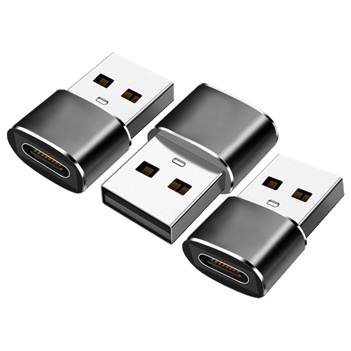 Комплект от 3 адаптера, Type-C- USB 2.0 OTG адаптер, 3A бързо зареждане и пренос на данни, черен
