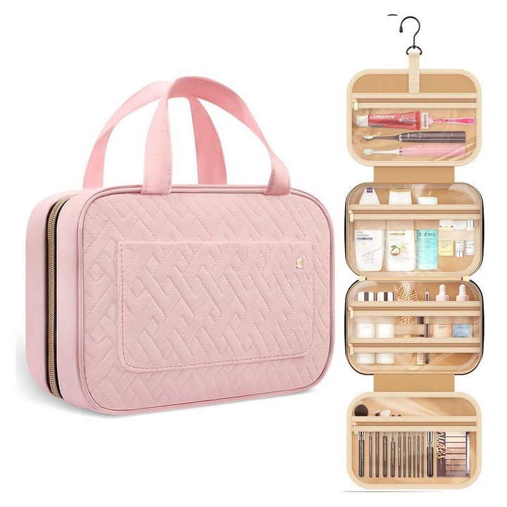 Geanta cosmetice pentru voiaj Ronyes, rezistent la apa, separare uscata/umeda, 27.9x19.5x8.3cm, roz