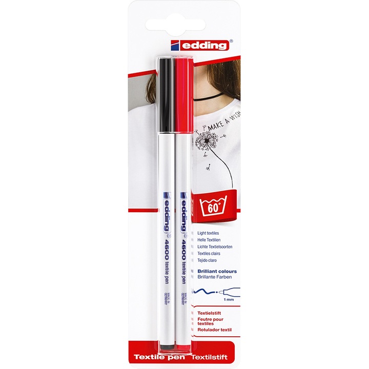 Маркер за текстил Edding 4600 с кръгъл връх 1 мм, Черен/Червен, Блистер