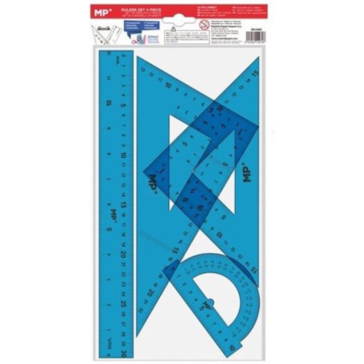 Set Main Paper geometrie 4piese diverse culori raportor 2 echere rigla 30 cm