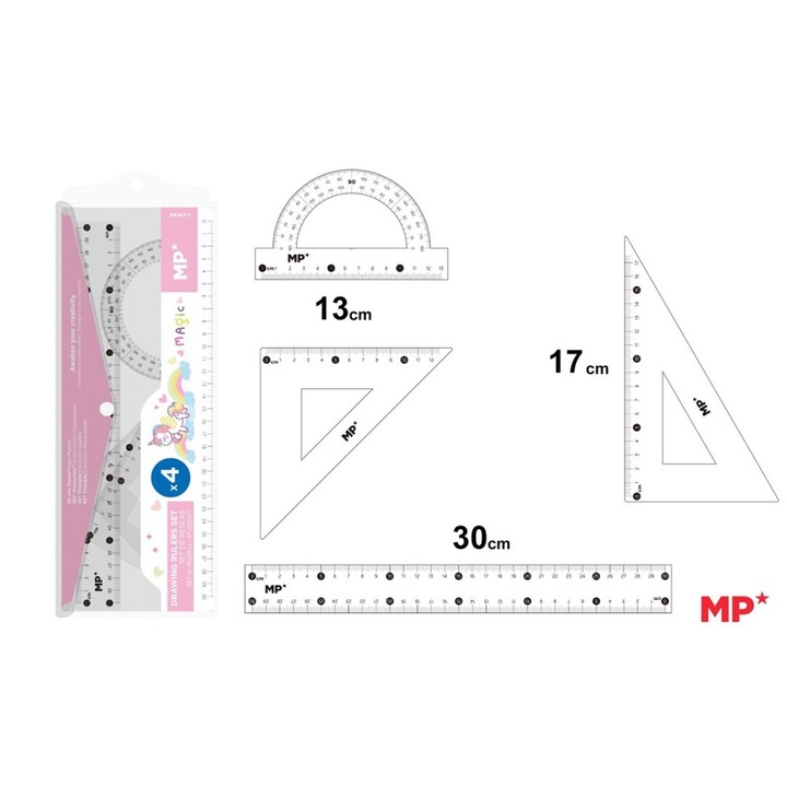 Main Paper geometria készlet 4 darabos átlátszó szögmérő 2 négyzet vonalzó 30 cm